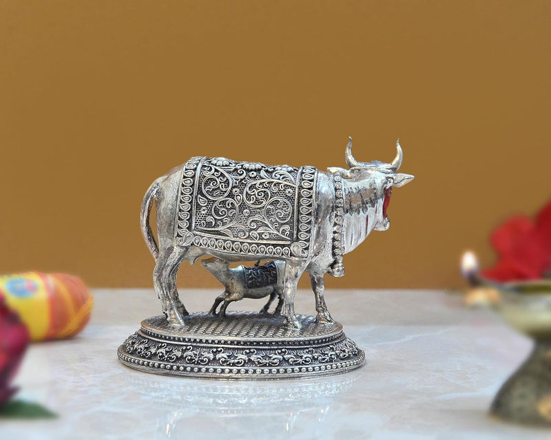 Bronze Cow with Calf for Pooja Mandir Home Decor and Car Dashboard (Height 3 Inch)