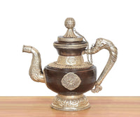 Himalayan brass decorative teapot, detailed finial lid, arched spout and side handle