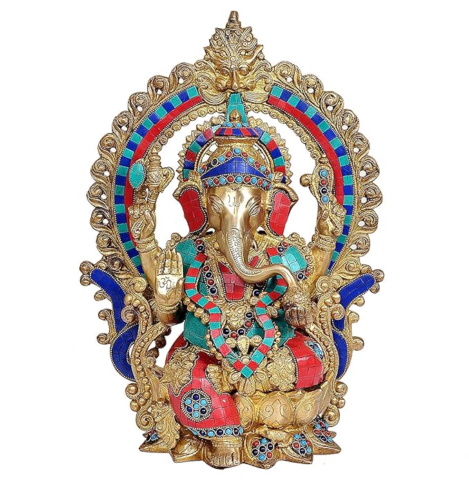 Brass Ganesha Statue with Kirtimuka Frame Sitting On Lotus Base for Home Decor | Multicolor | Height : 18 Inches