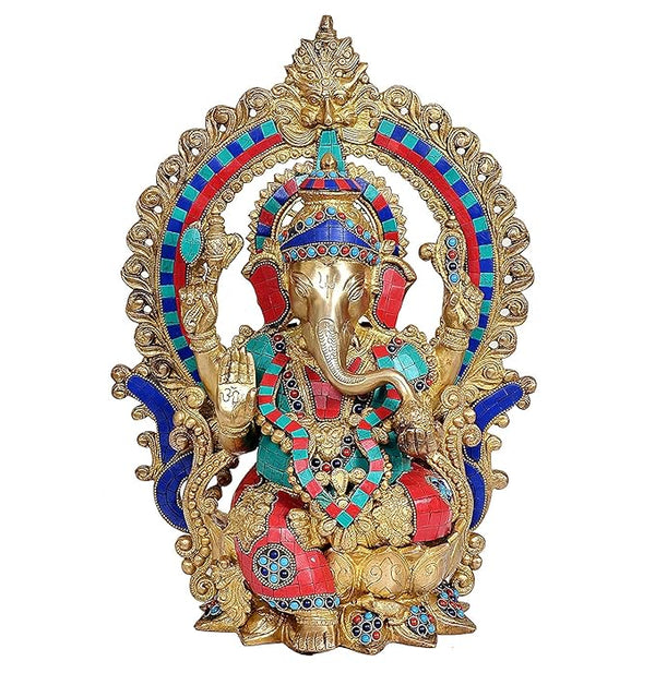 Brass Ganesha Statue with Kirtimuka Frame Sitting On Lotus Base for Home Decor | Multicolor | Height : 18 Inches