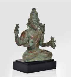 Vintage Lord Vishnu bronze statue, seated with four arms, detailed crown, on black base