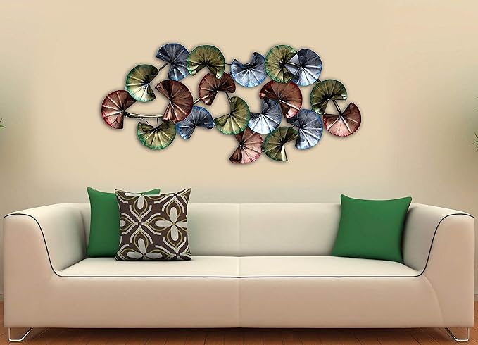 Wrought iron wall art with overlapping circular petal shapes, multicolor finish.