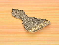 Bronze panchmukhi aarti plate side view with five lamp holders and scrolling embossing