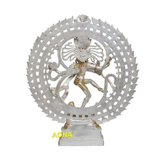 Brass Nataraja statue with openwork disc halo, raised arms, gold-trimmed torso and legs