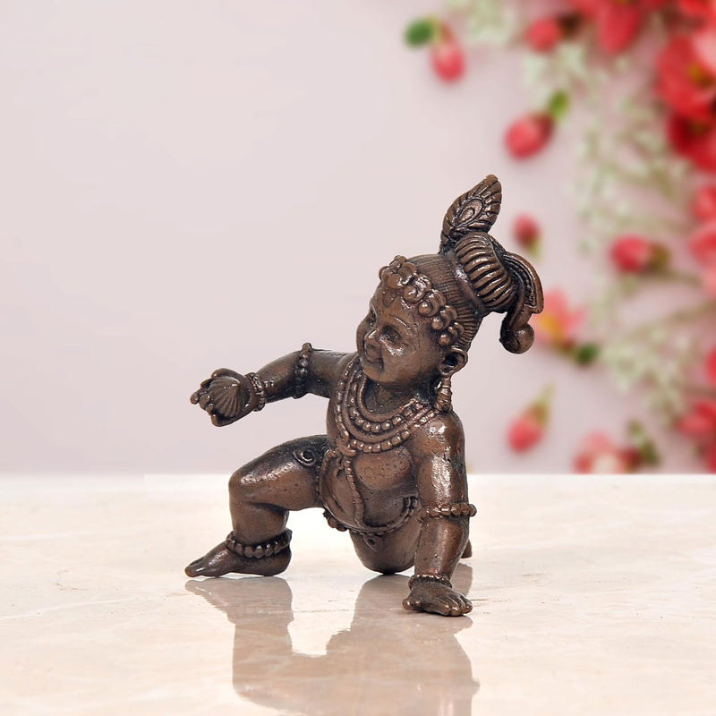 Copper Lord Bal Gopal Krishna Laddu Gopal Idol Statue | for Pooja Home Decor Mandir | (Height 2.5 Inch)