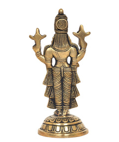 Brass Tirupati Balaji idol statue, back view with raised arms and patterned skirt