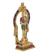 Brass Lord Kartikeya Murugan deity figurine, side view, jeweled outfit on decorated base