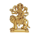 Durga Maa brass statue seated on lion, multi-armed deity with ornate crown, 5 inch
