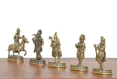 Ten brass Dashavatara figurines, standing on engraved round bases