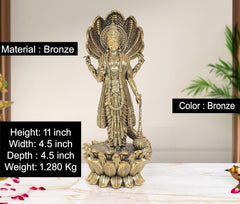 Bronze Vishnu statue on lotus, 11 inch tall, with Sheshnag serpent