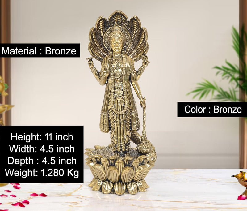 Bronze Vishnu Standing Statue on Lotus with Sheshnag (Height: 11 inch)