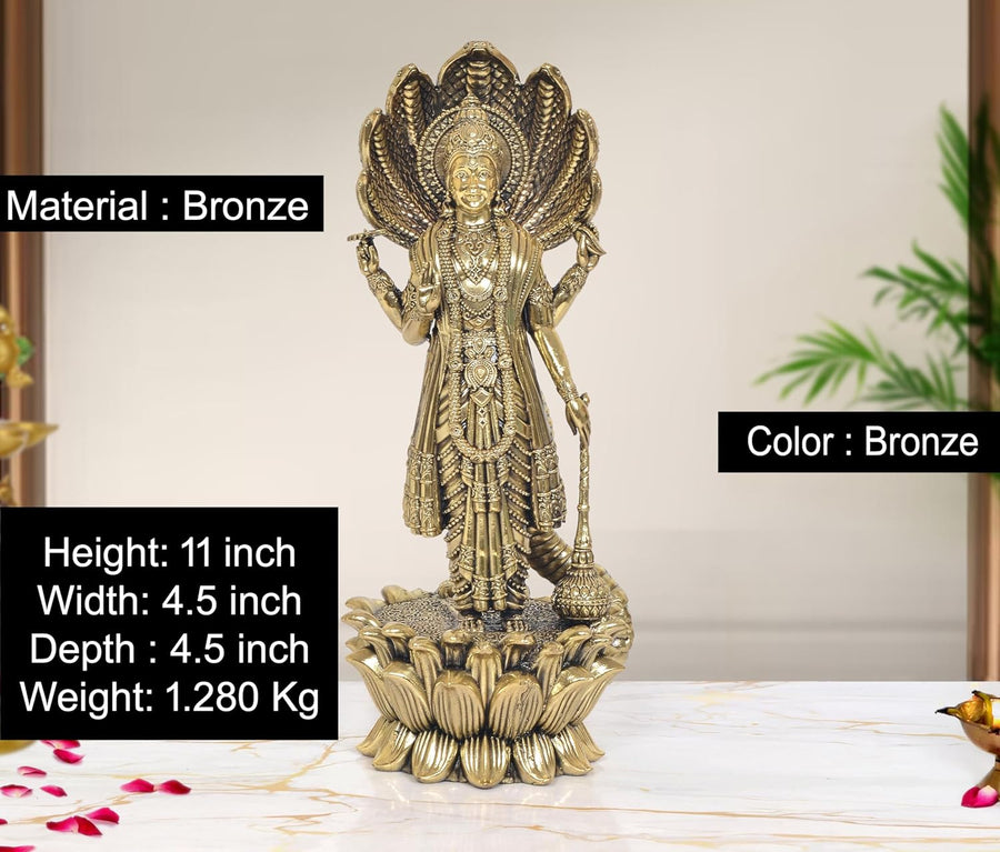 Superfine Brass Vishnu Standing Statue on Lotus with Sheshnag (Height: 11 inch) Craft Detail
