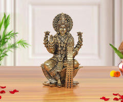 AONA Lakshmi idol on lotus, four-inch bronze statue with four-armed pose