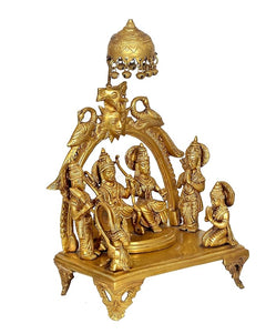 Brass Ram Darbar idol with chhatra and four figures, seated group on decorative base