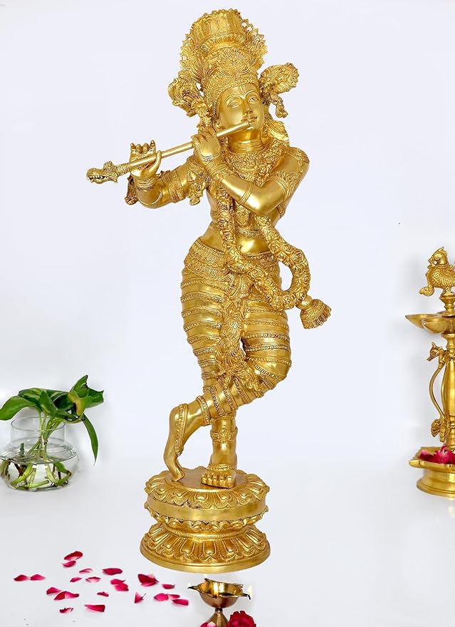 Brass Lord Krishna Idol Figurine Sculpture Playing Flute Statue Decorative Showpiece, (Height 44 Inch)