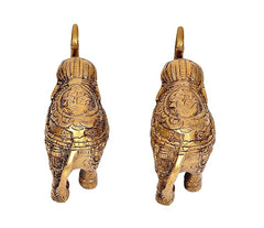Golden brass elephant figurine set of 2, rear view with detailed engravings and tails