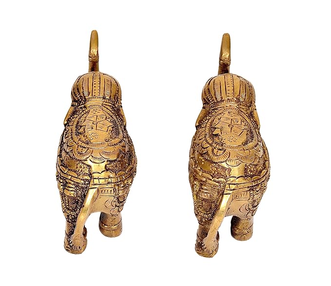 Dattatreya Brass Royal Elephant Idol Figurine Showpiece Golden Height 2.5 Inches (Set of 2)