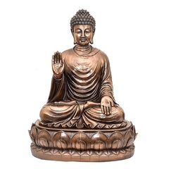 Resin Buddha idol (35 in), front view, blessing hand and resting hand, ornate lotus base