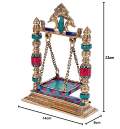 Gold brass Krishna jhula idol, 23 cm height, turquoise/red bead posts, blue seat