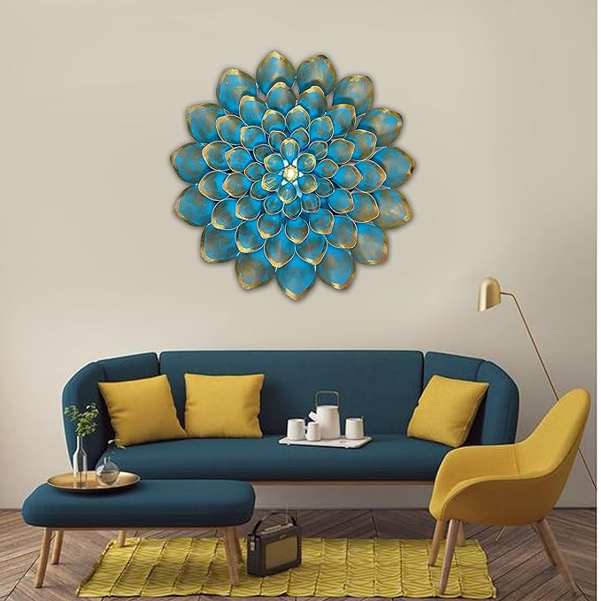 Blue and gold metallic wall flower decor with layered petals and glowing center