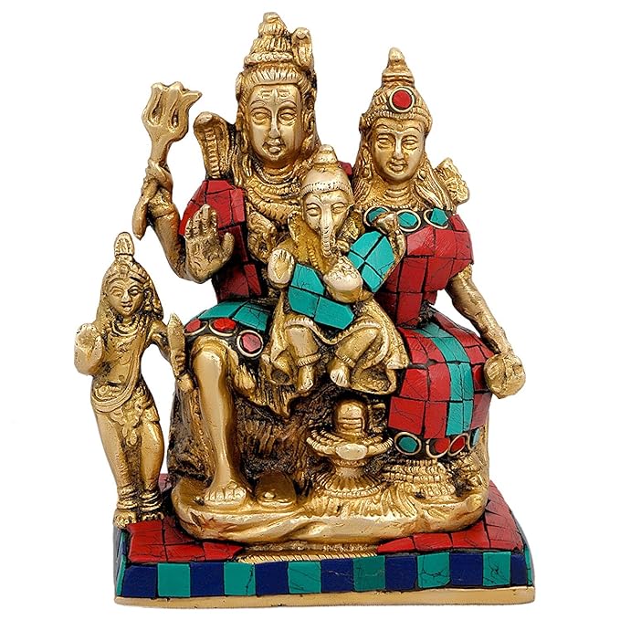 AONA Brass Shiv Parivar murti, 5.5 in; red robe, teal details, tiled base