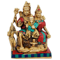 AONA Brass Shiv Parivar murti, 5.5 in; red robe, teal details, tiled base