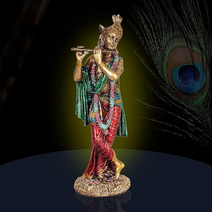 Krishna playing flute figurine in multicolour resin, flute raised in hands