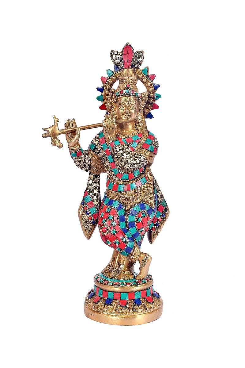 Brass Lord Krishna Idol Krishna Religious Statue with Inlay Work Height 15 Inch