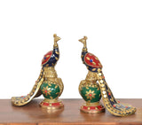 Brass peacock sculptures (2-pack), side view of long beaded tails and green vases