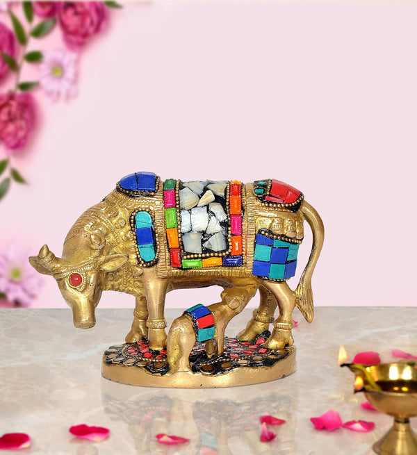 Brass Kamdhenu Cow with Calf for Home Decor Pooja Mandir Temple Office Decorative Showpiece Statue (Height: 4 Inch) (Multicolor 1)