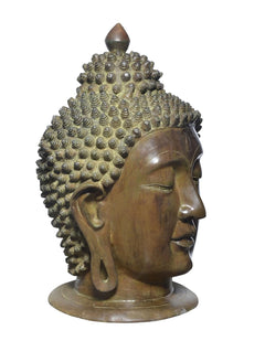 Brass Buddha head statue side profile, textured curls and carved ear with hanging earring