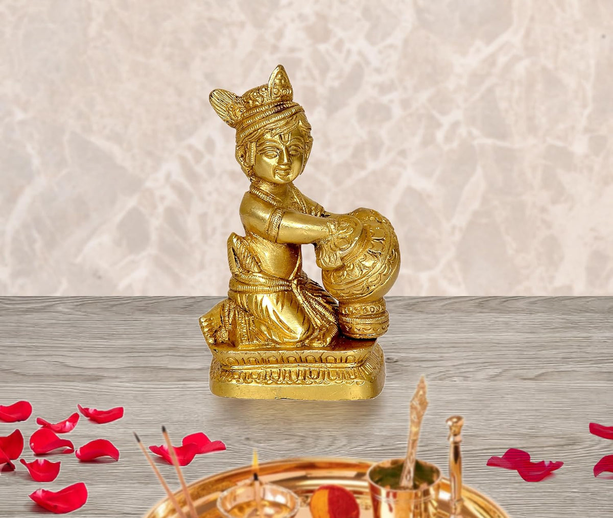 Brass Laddu Gopal Makhan Chor idol, seated with butter pot, 4.5 in height
