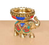 Brass elephant idol urli bowl with colorful inlay, jeweled trim and elephant trunk