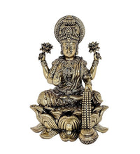 Brass Lakshmi statue idol seated on lotus, ornate crown and four arms
