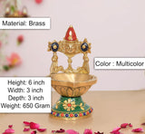 Brass Tirupati Balaji diya (6 inch) with multicolor detailing, red crown and green base.