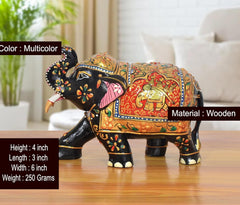AONA wooden elephant showpiece, 4 inch, multicolor painted with red and gold motifs