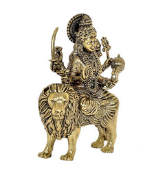 Messing-Durga-Statue auf Löwe, seitlicher Blick, feine Ornamente und Waffen