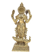 Brass standing Kartikeya figurine, back view with round halo and detailed drapery