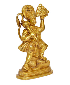 Brass Hanuman Ji idol statue, gold finish, walking stance with mountain in hand