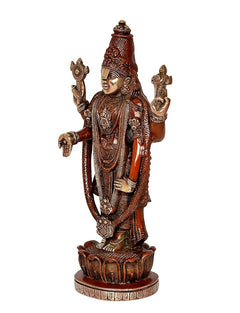 Brass Tirupati Balaji idol statue side view, raised arms and ornate crown, multicolour