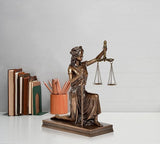 Resin Lady Justice kneeling figurine, holding scales and sword, bronze look, 6 in