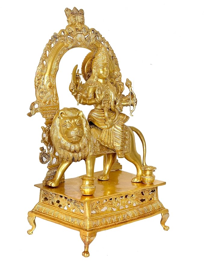 Brass Durga Statue Idol On Base with Frame for Temple Home Decor | Height : 27 Inches