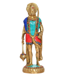 Brass Hanuman standing idol holding gada; painted blue, red, turquoise ornamented vest