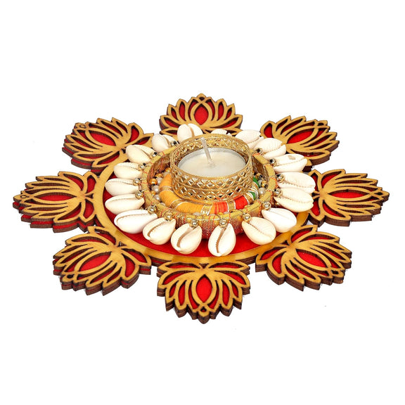 Diya tealight holder with burning tea light in ornate gold cup and red lotus petal frame