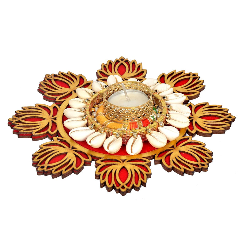Diya tealight holder with burning tea light in ornate gold cup and red lotus petal frame