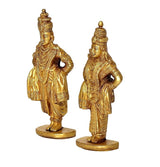 Brass Vitthal & Rukmini idols, side angle, ornate crowns and patterned robes
