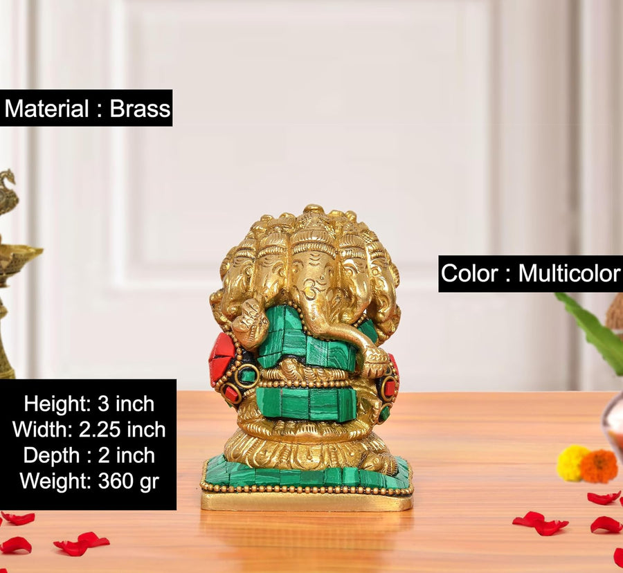 Brass Multicolour Panchmukhi Ganesha Sitting Murti (Height: 3 inch) Craft Detail