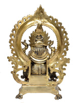 Natural brass Ganesha idol on throne, back view with detailed halo