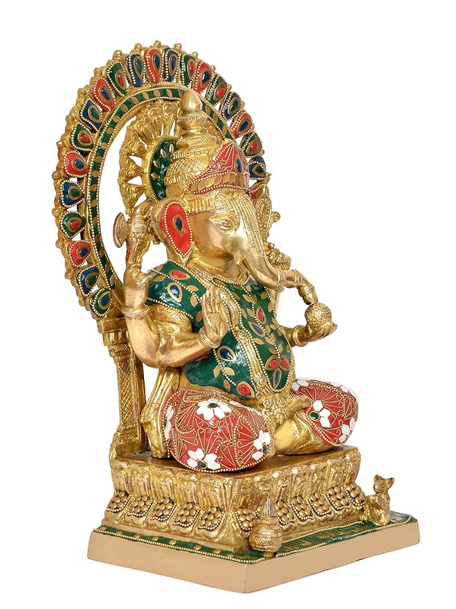 Brass Lord Ganesha Ganpati Idol Vinayak Religious Statue Brass Murti Multicolor (Height 14 Inch)