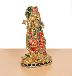 Radha-Krishna Idol aus Messing, vorderseitige Ansicht, rotes Gewand mit bunten Mustern